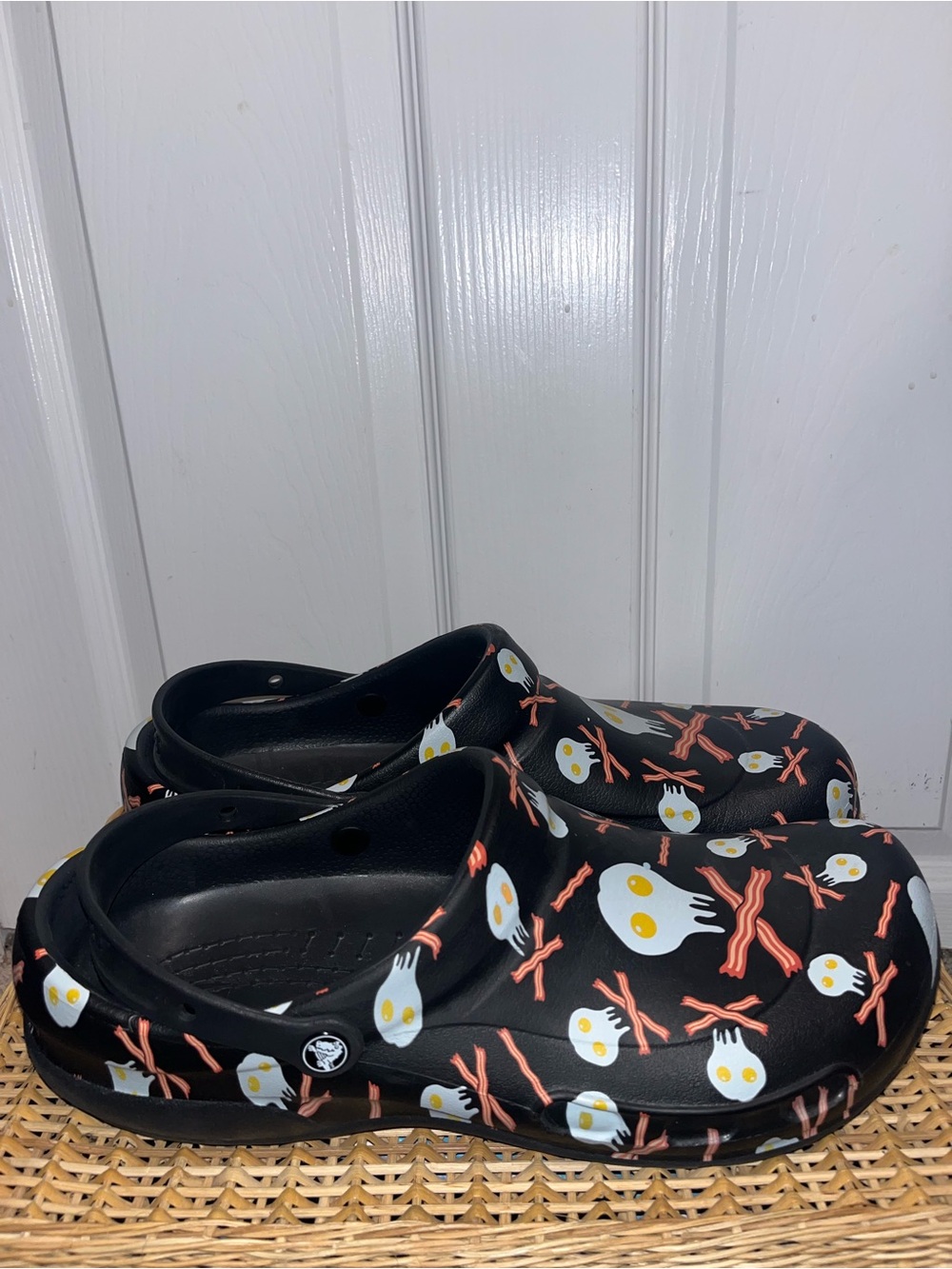 CROCS Black Slip-On Clogs with Fried Egg & Bacon Pattern